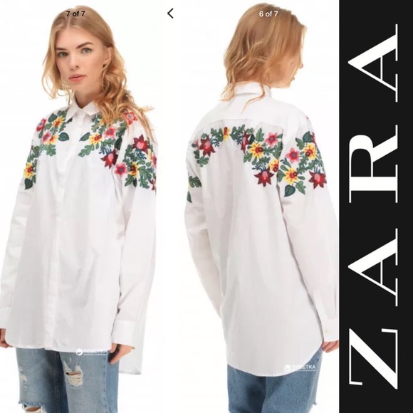Zara Tops - ZARA Embroidered White Button Down Shirt Tunic